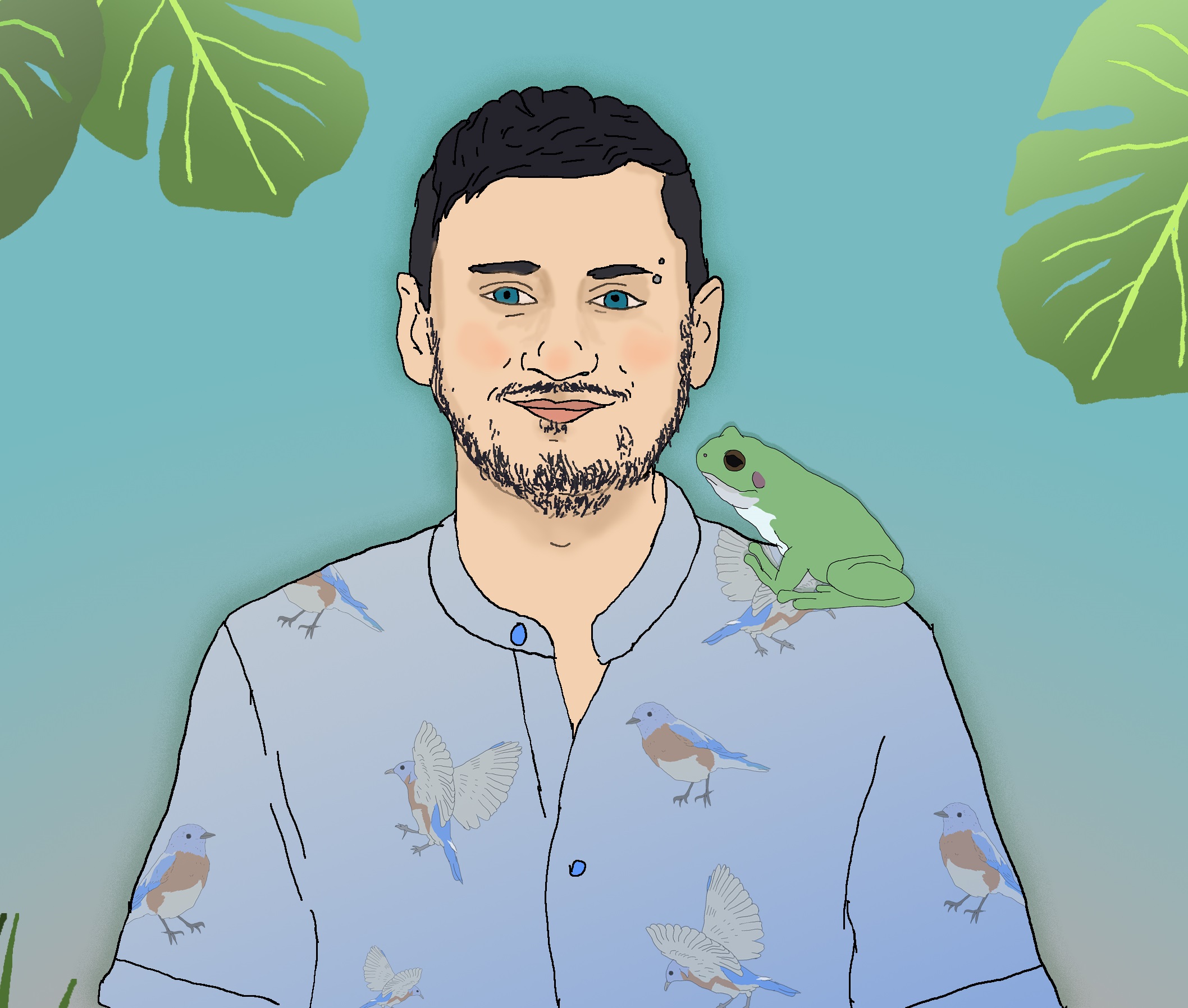 Illustrated portrait of Logan S. James with a frog on his shoulder, wearing a shirt with birds, surrounded by tropical leaves